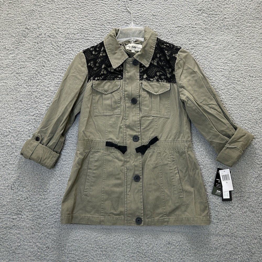 Shelby Collection Jacket Womens Small Green Military Lace Trim Utility Full Zip